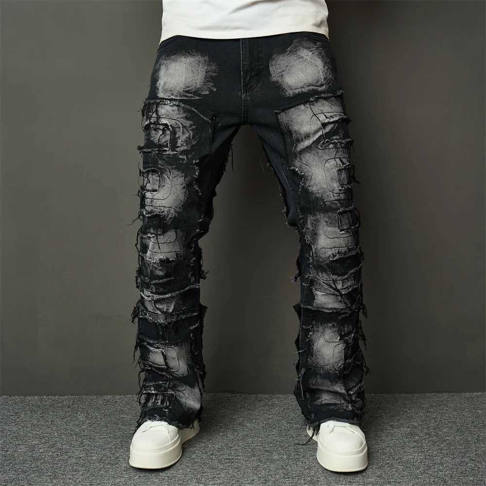 Streetwear HipHop Men Ripped Spliced Patch Straight Jeans Stylish Male Distressed Loose Biker Denim Pants J251030