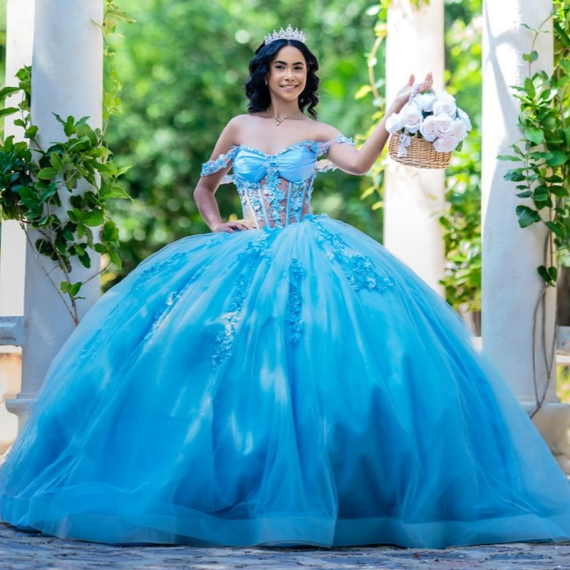Sky Blue Shiny Quinceanera Dresses Off The Shoulder Applique Flower Beading Crystal Party Birthday Sweet 16 Dress Vestidos 15 Anos