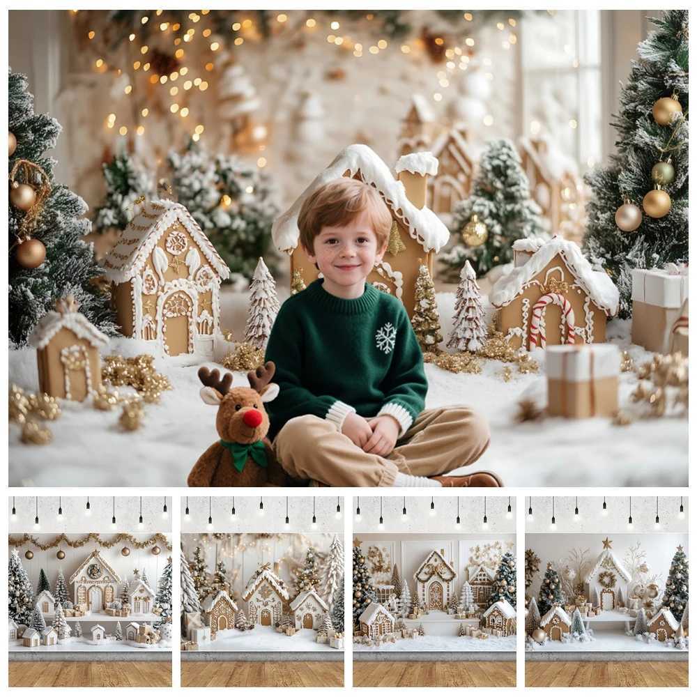 2025 Merry Christmas Photography Backdrop White Gingerbread House Xmas Trees Kids Family New Party Decor Photo Background Props C251030