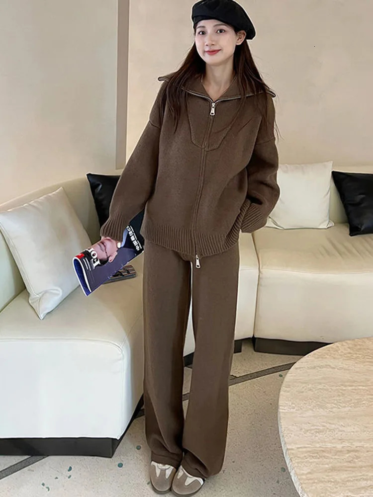 Classic Solid Knitted 2 Piece Sets Women Lapel Neck Knitwears Sweater Pullover Tops Conjuntos High Waist Loose Sweatpants Outfit 251029