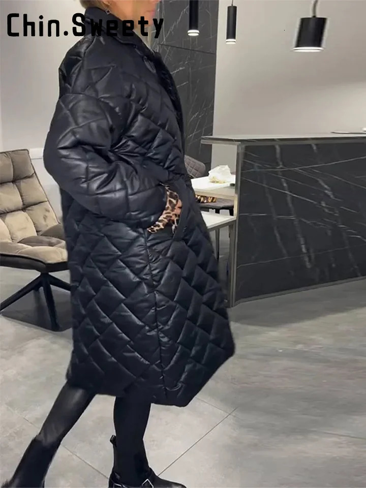 Fashion Leopard Split Long Quilted Jacket Women Loose Lapel Single Breast Street Warm Coat 2025 Autumn Winter Lady Outwear 251030