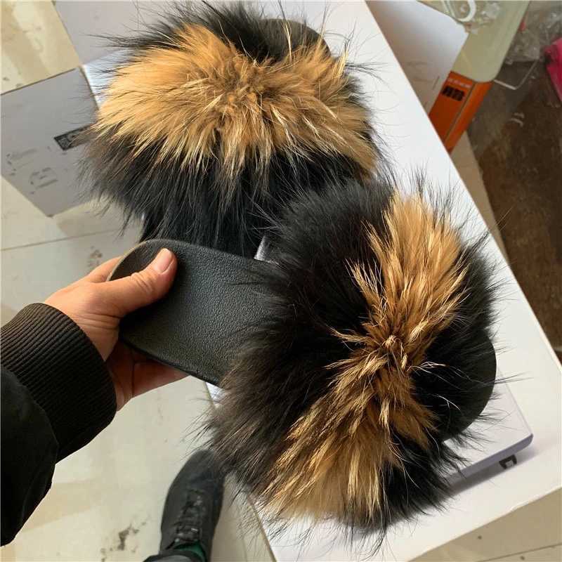Fluffy Furry Fur Slippers Real Fox Fur Slides For Women Summer PVC Sole Flip Flops Sandals Women Open Toe Shoes Slippers H251030