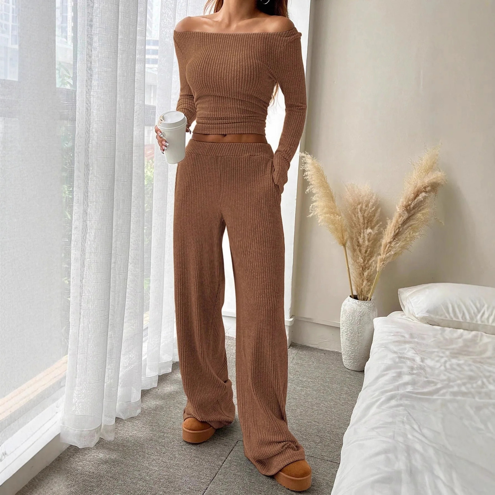 Basic Wide Leg Pants Leisure Suit Women Autumn Solid Long Sleeve Top Casual Loose Trousers 2 Piece Set tie Streetwear 251029
