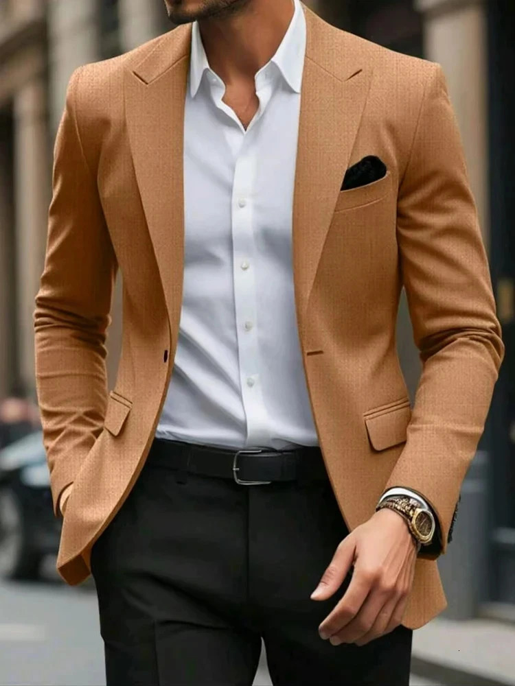 Mens Blazer Jacket Fashion Casual Solid Colored Grey khaki black brown Tailored Fit Single Breasted 251028