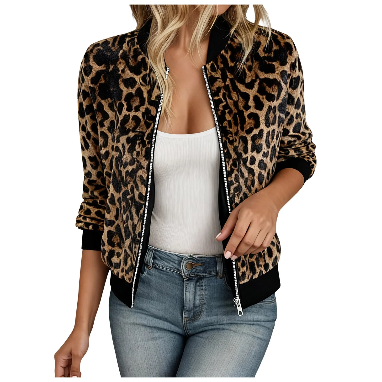 Women Plus Size Bomber Jackets Leopard Printed Long Sleeve Zip Up Mock Neck Baseball Coats Trend Streetwear Casual Outwear 251029