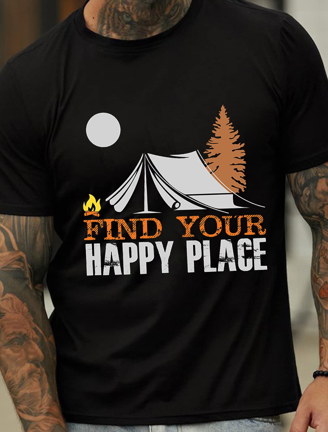 Europe & America Oversized Happy Place Camping Series Pattern Fashion Men's Cotton Summer T-Shirt - TT7093