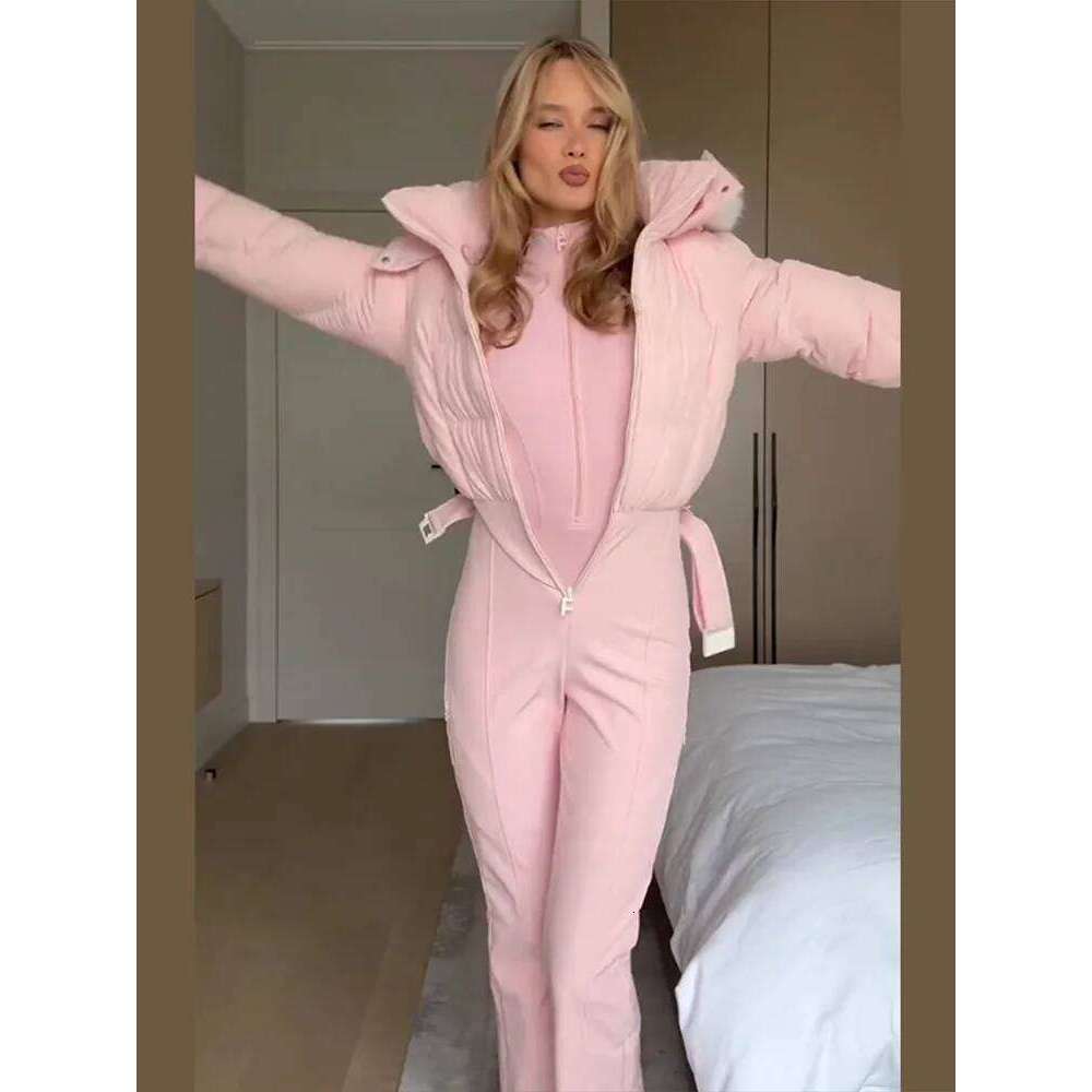 Pink Thicken Fur Patchwork Jumpsuit Women Slim Full Sleeve Hoody Zipper High Waist Skiwear Fashion Winter Warm Lady Romper