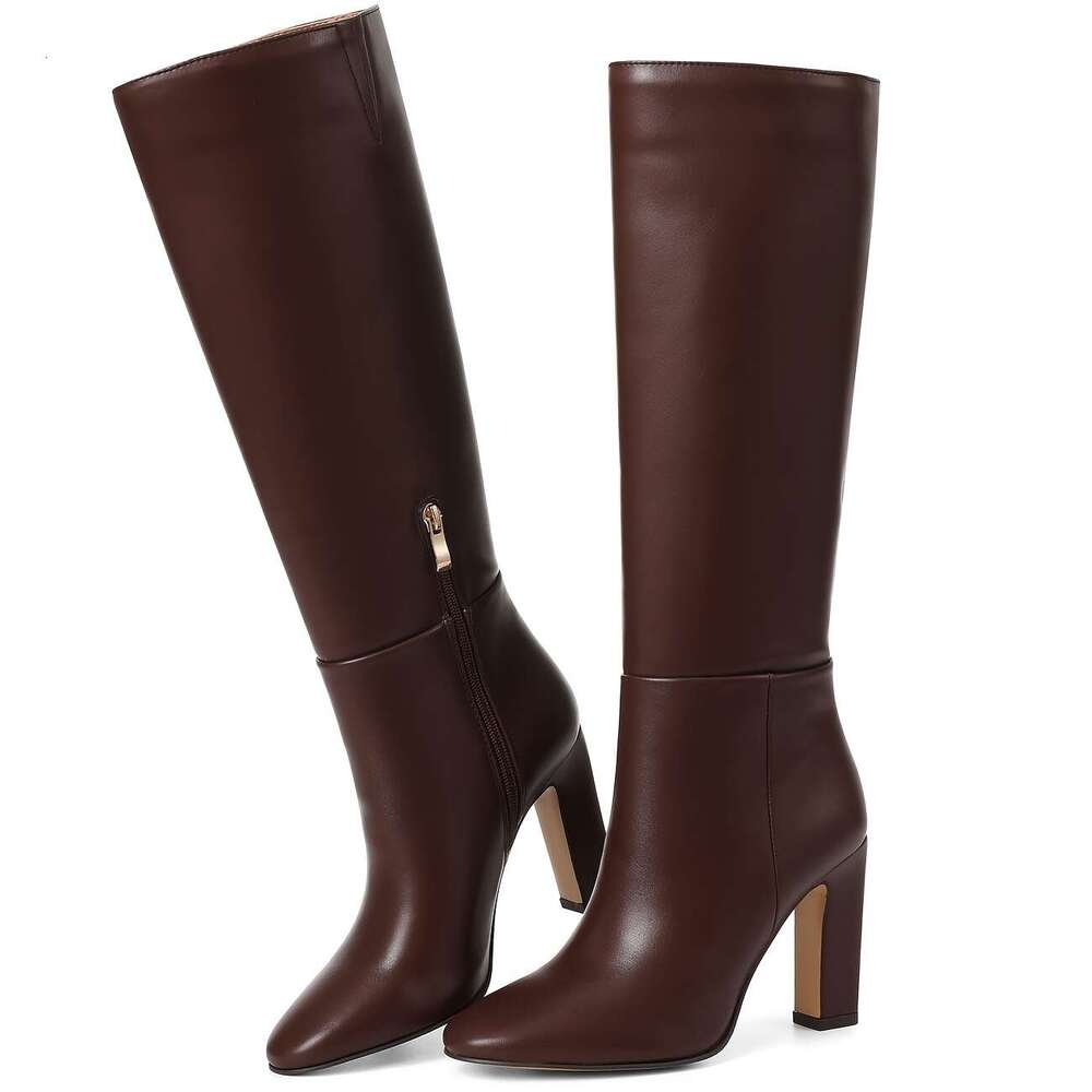 Norhea Women Mid-Calf Boots Chunky High Heel Side Zipper Round Toe Shoes PU Elegant Comfort Dress Party Booties