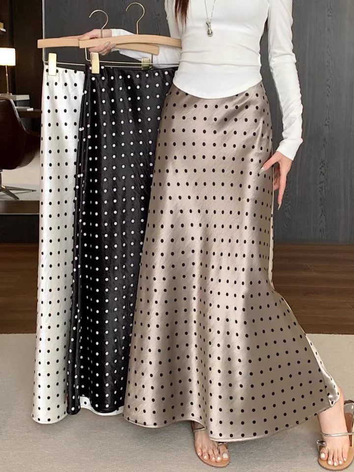 Women Polka Dot Acetate Satin Mermaid Maxi Skirt HighWaisted Slimming Fishtail Hem with Draped Elegance for Spring Autumn 251028