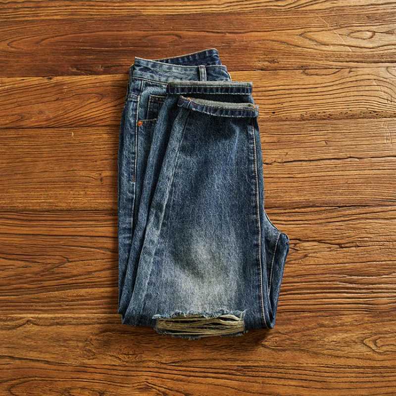 Personalized ripped jeans for men loose straight leg cool and trendy street retro wide leg denim pants J251030