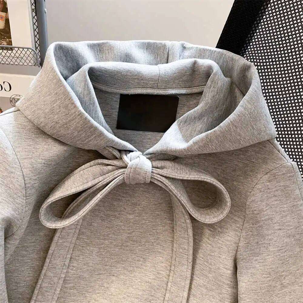 Women's Grey Long Sleeve Bow Hoodies Streetwear Vintage Haruku Korean Y2k Fashion Oversize Sweatshirt 2000S Clothes
