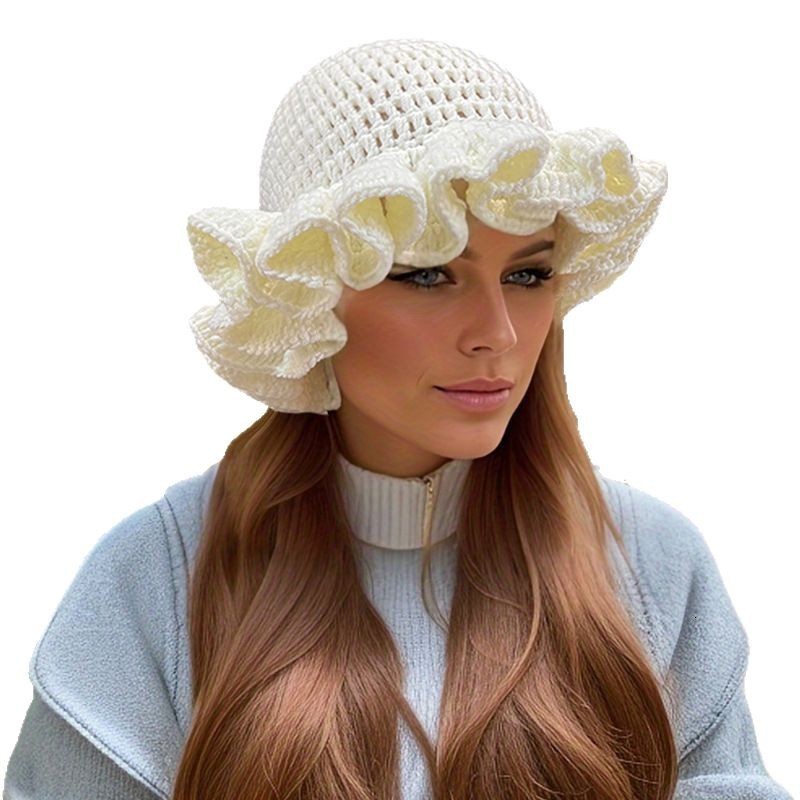 2025 Solid Color Ruffled Crochet Wool Hat with Pleated Edge and Wide Brim Fisherman Hat for Autumn and Winter 241105