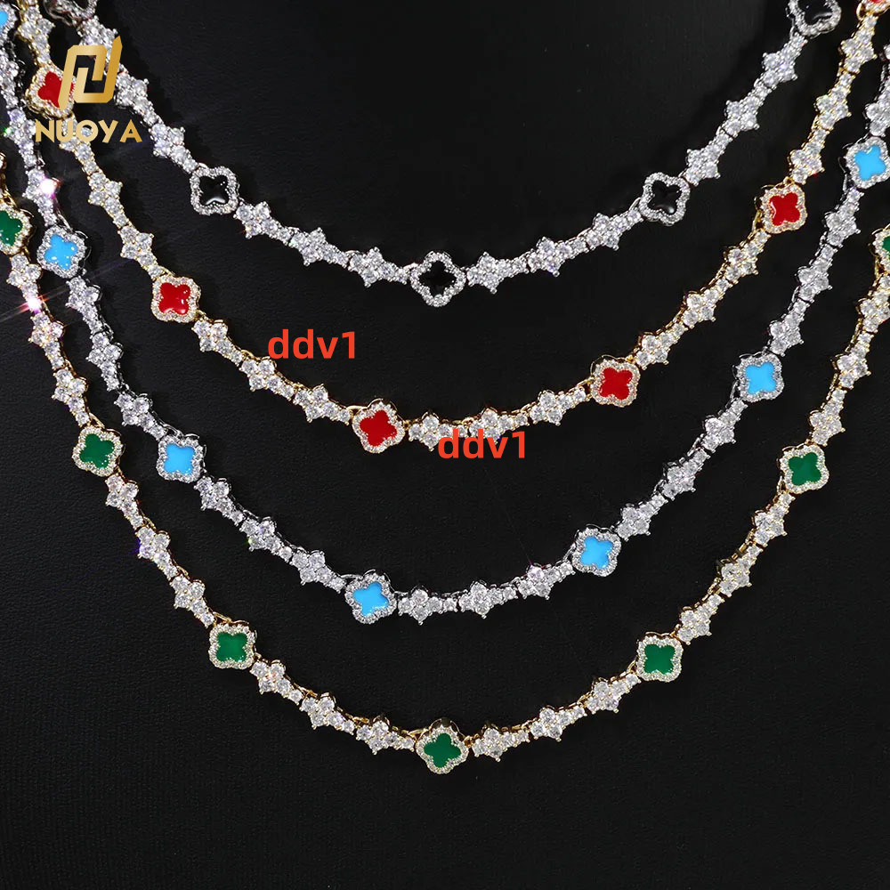 NUOYA Hip Hop New Style Iced Out Four Leaf Clover Necklace Silver Color 65mm moissanite Diamond Colorful Tennis Chain Jewelry for Women Designer'