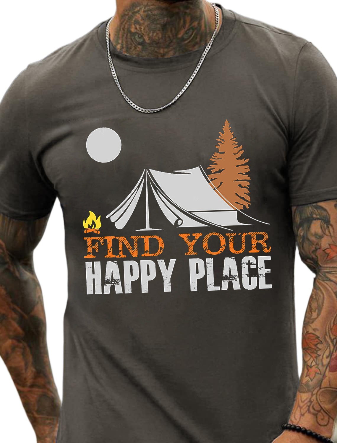 Europe & America Oversized Happy Place Camping Series Pattern Fashion Men's Cotton Summer T-Shirt - TT7093