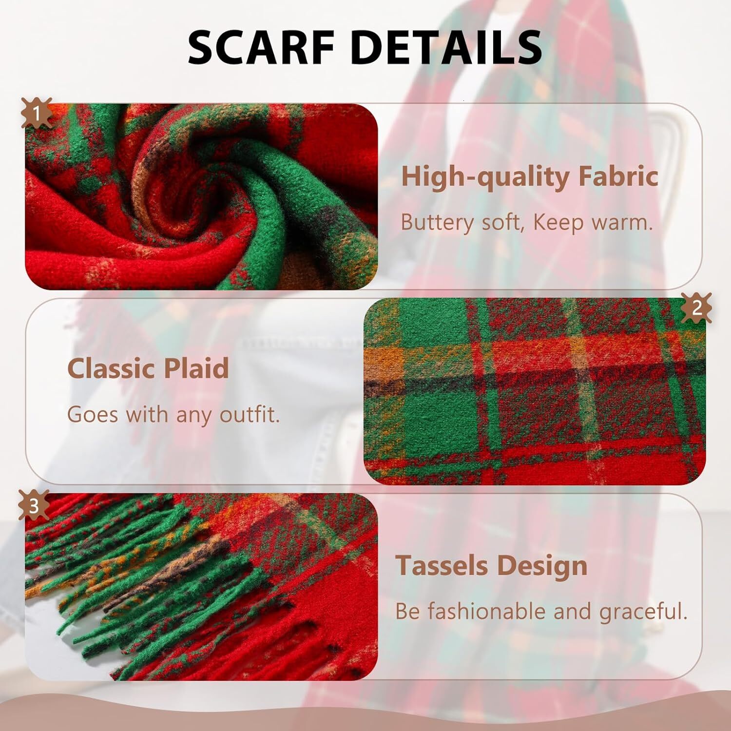 Custom Womens Winter Scarf Fashion Cashmere Feel Plaid Scarfs for Women Pashmina Shawls and Wraps Long Blanket Scarf