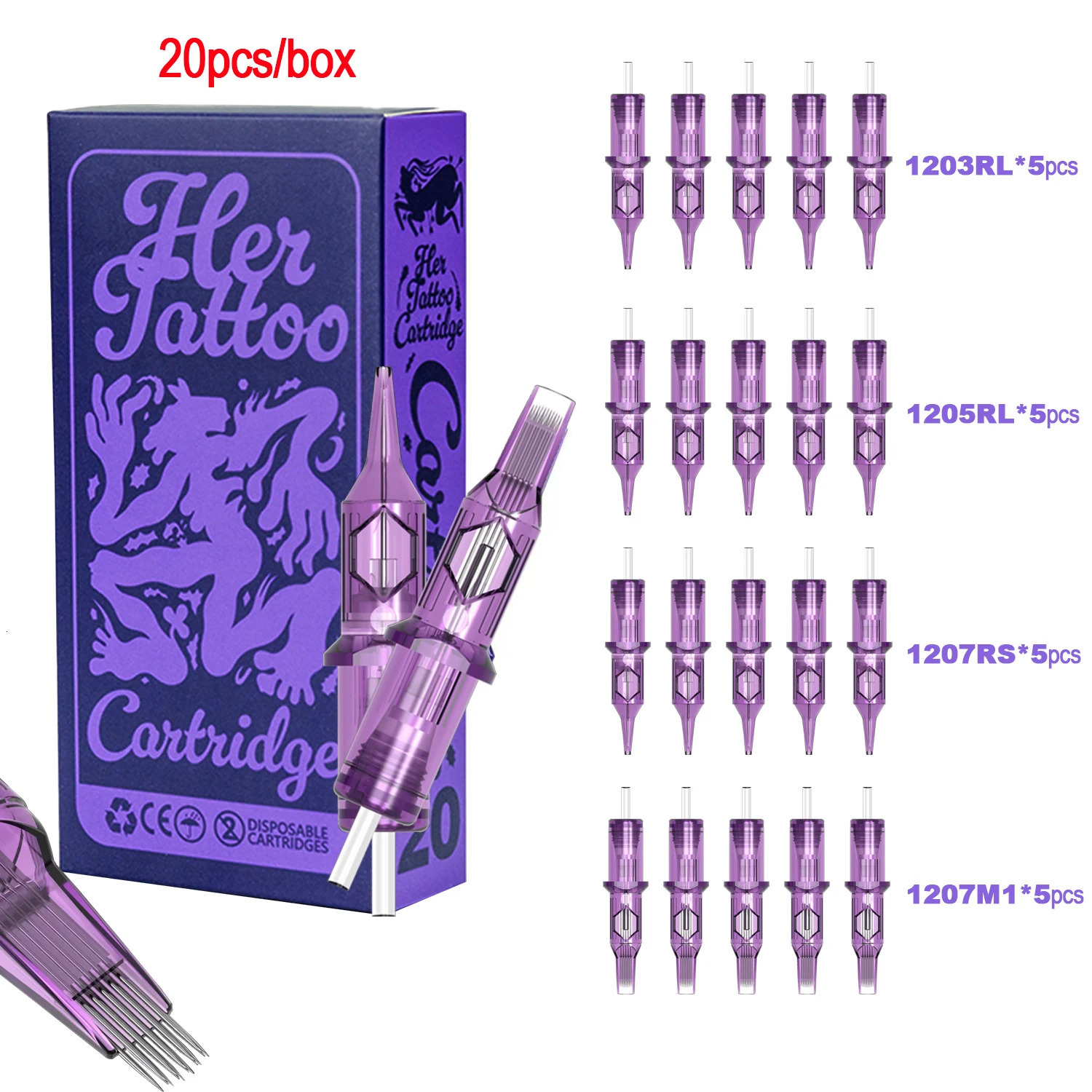 20pcs Mixed Tattoo Needle Disposable Cartridge 035mm3RL 5RL 7RLTB Purple Tattoo Needle for Tattoo Machine Body Art Tattoo 251027