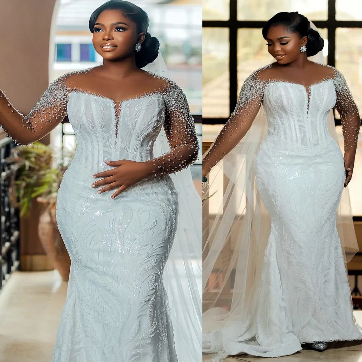 Ivory Mermaid Wedding Dresses Plus Size Lacefull Beaded Sheer Neck Bridal Gowns Dress Vestidos De Novia