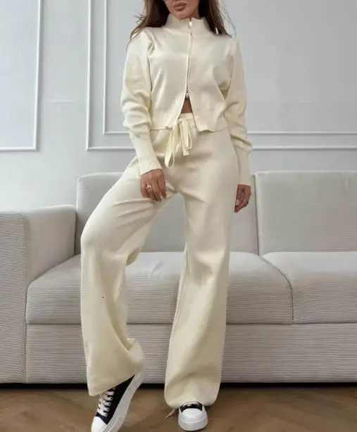 Two Piece Set Women Outfit Autumn Winter Double Zipper Long Sleeve Knitted Top High Waist Casual Pants Set 251029