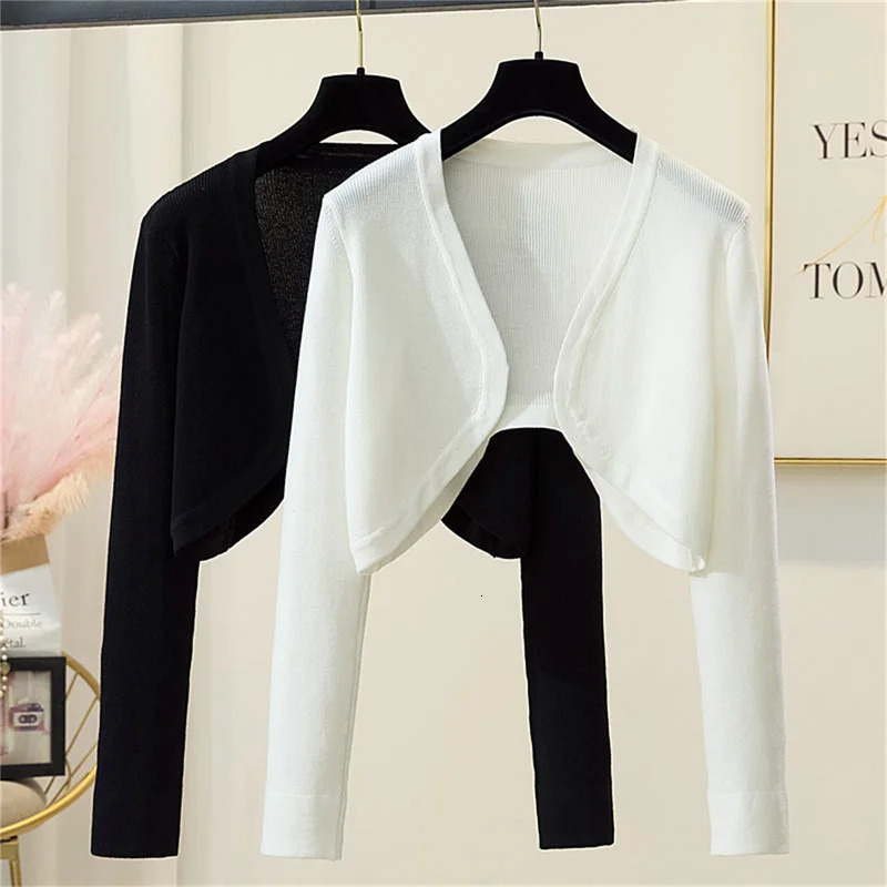 French Knitted Cardigan Female Spring Summer Small Shoulders Longsleeved With Halter Dress Hitch Hoodie Short 251028