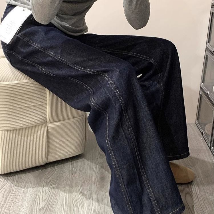 Designer luxury Original Color Wide-Leg Jeans for Women, Autumn and Winter Fleece-Lined High-Waisted Loose Lazy Style Dark Blue Straight-Leg Floor-Len