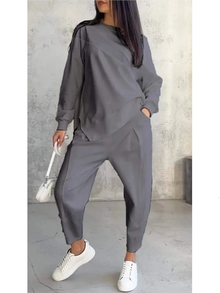 Women Casual Solid Set Fashion O Neck Long Sleeve Loose Top And Long Pants Two Piece Sets Lady Spring And Autumn Sports Sets 251029