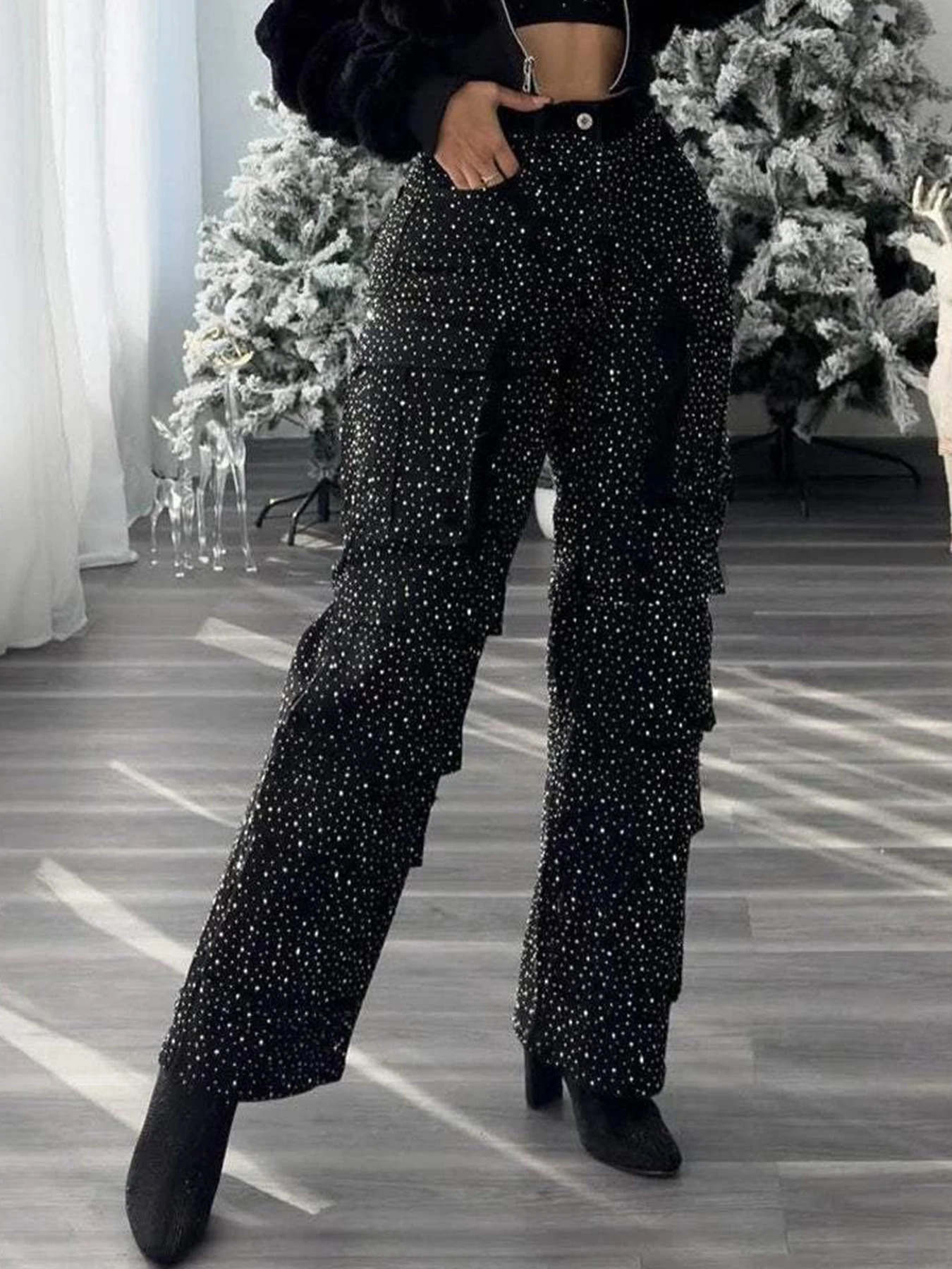 2025 High Waist Black Rhinestone MultiPocket Work Jeans Street Style High Quality Fashionable Straight Jeans a MustHave 251029