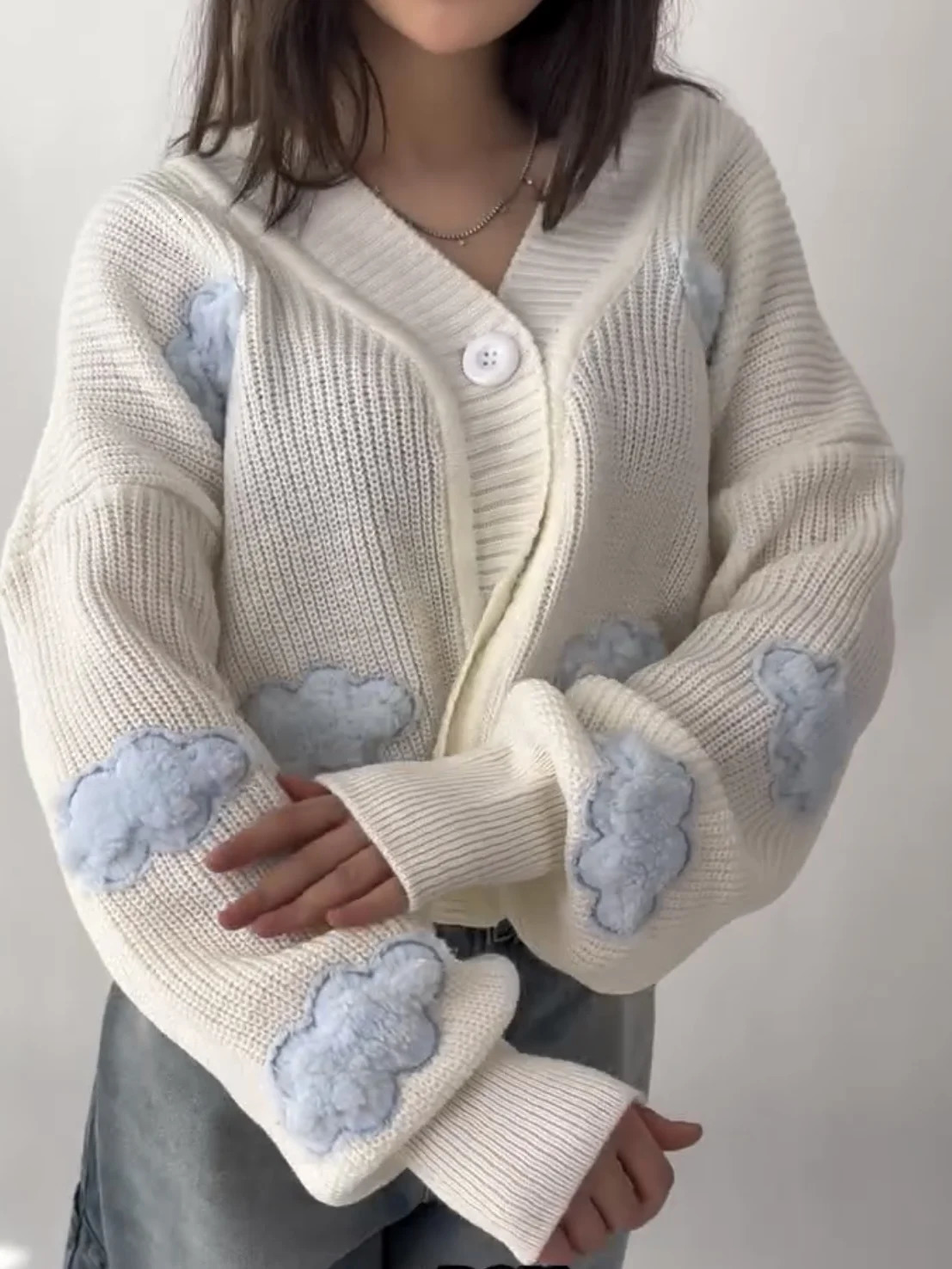 Retro Harajuku Spliced Cardigan Knit Sweater Fashionable Casual Sweater Women American Y2k Cloud Embroidery Clothing Women 251029