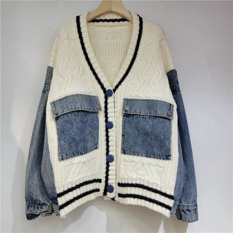 DEAT Fashion Trendy Womens Denim Pockets Patchwork Knit Cardigan Loose Vneck Long Sleeves Sweater Female Autumn 33A2150 251029