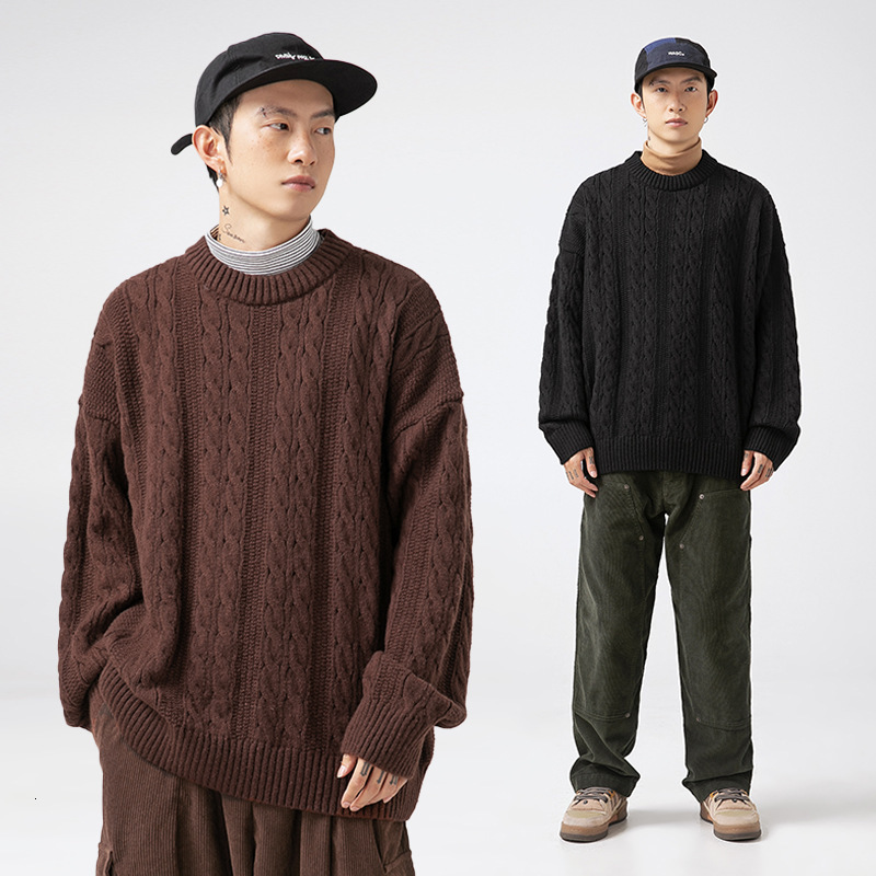 Hanlu Men's Cable Knit Solid Color Crew Neck Sweater Designer Sweater Unisex Autumn Winter Loose Knitwear Cardigan