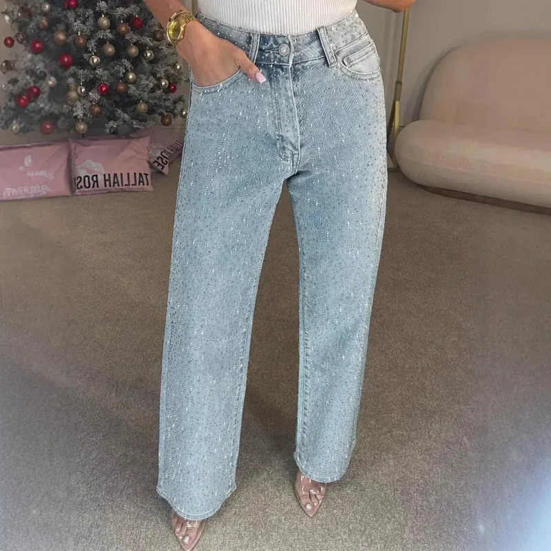 Women Jeans Straight Diamonds Pants Stretch High Waist Washed Mom Jeans Y2k Streetwear Trousers Vintage Denims Streetwear 251029