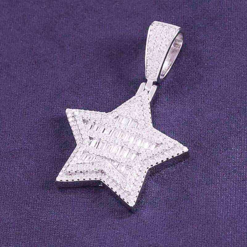Factory Direct Hip Hop GRA Bling VVS D Color Moissanite 925 Sterling Silver Pass Diamond Tester Baguette Star Pendant for Men