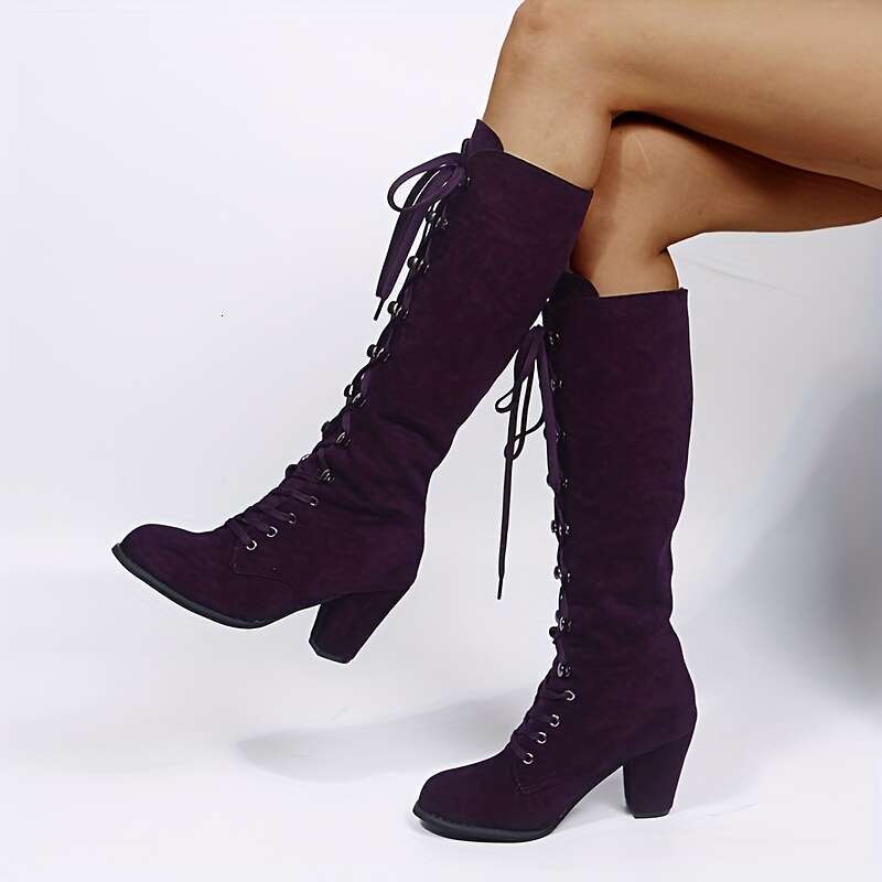 Women's Knee High Solid Color Lace Up Chunky Heeled Boots, Versatile Comfy Long Boots