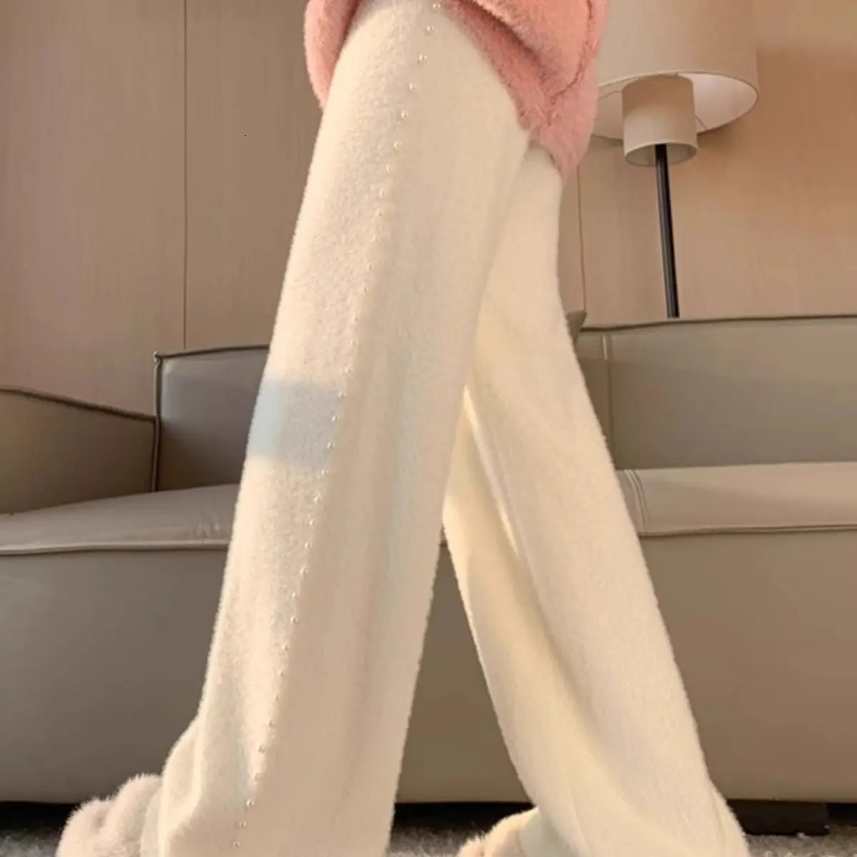 Pink Mink Fur Nail Bead Knitted Wide Leg Pants for Women in Autumn and Winter Lazy Relaxed Casual Straight Long 251027