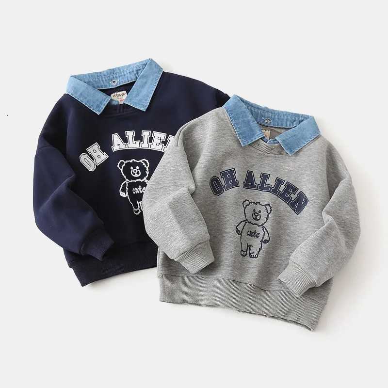 2025 New Style Kids Clothes Pullover Cotton Fake TwoPiece Sweatshirt 27Y Children Boys Girl Bear Print Casual Fleece Lined TopT251030
