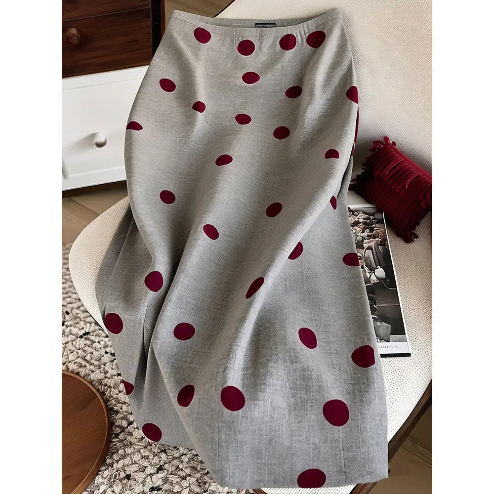 Xgoth Grey Polka Dot Straight Tube Aline Long Skirts for Women Spring Stylish French Vintage High Waist Slimming Midi Skirt 251028