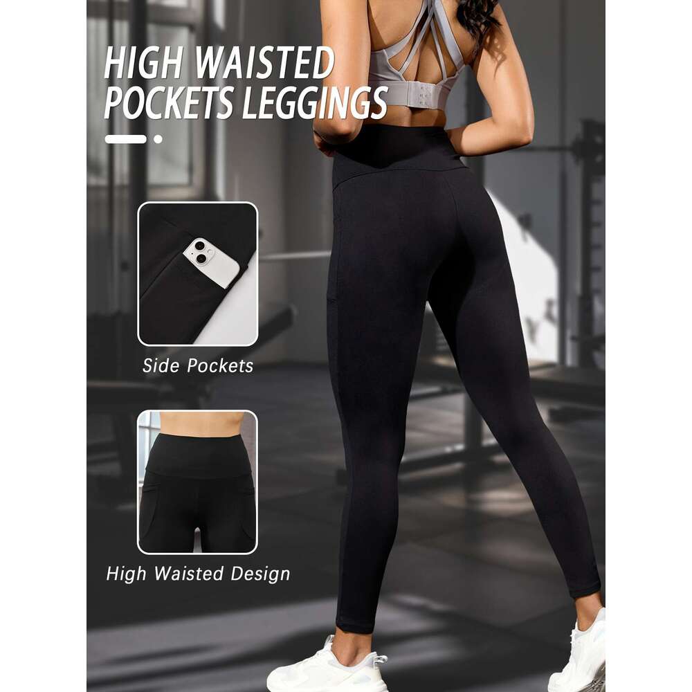 3 Pack Women's High Waisted Tummy Control Leggings with Pockets - Super Soft Stretchy Yoga Running Pants, Solid Black All-Season hine Washable, W