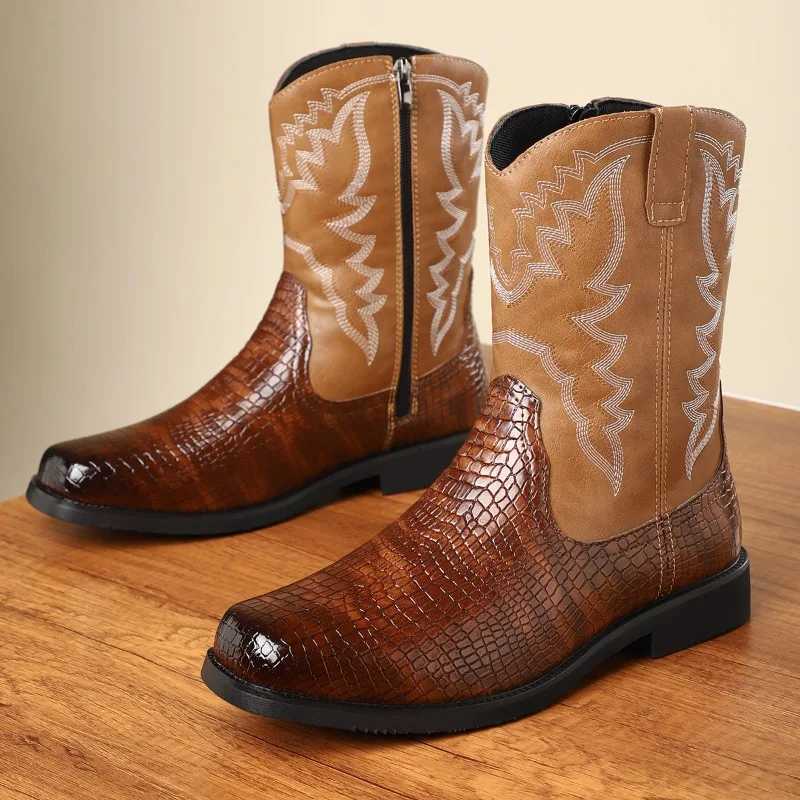 Mens Western Cowboy Boots British Style Leather Boots Retro Handmade Embroidery High Top Boots Middle Tube Men Motorcycle Botas Z251029