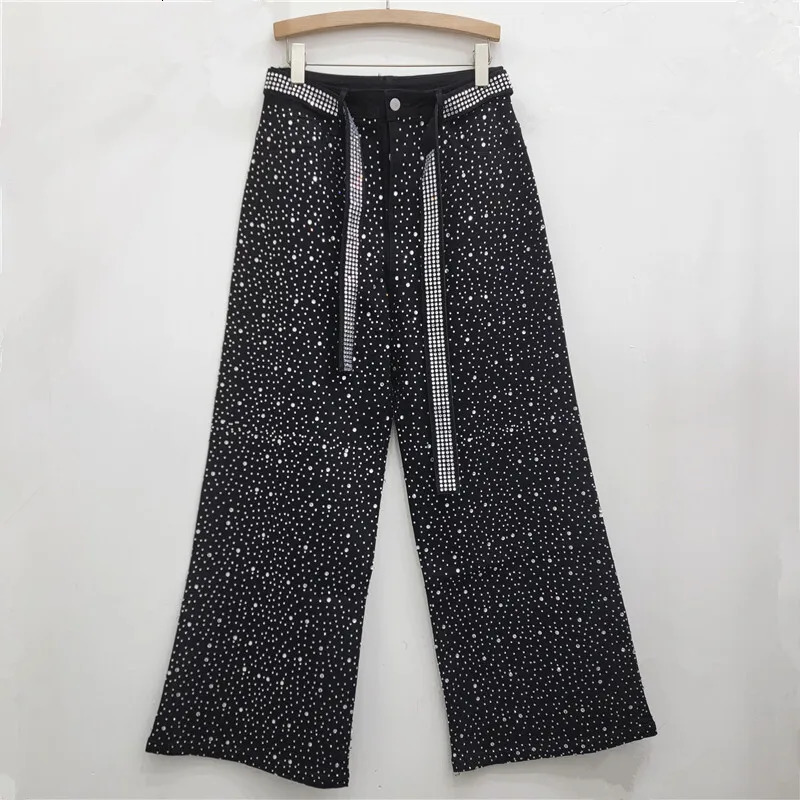 WTHT Trendy Diamonds Straight Jeans For Women Winter Fashion High Waist Belt n Wide Leg Denim Pants Female 1LS410 251029