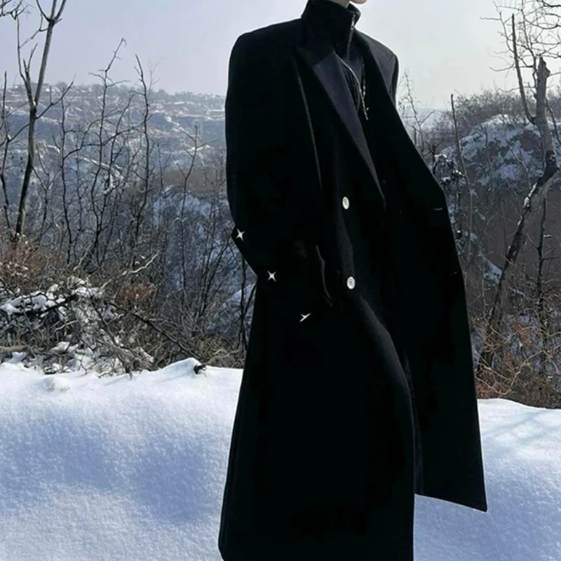 Autumn Winter Mens Versatile Length Woolen Coat Over Knee Double Breasted Tweed Windbreaker Outerwear Faionable Korean Style 251029