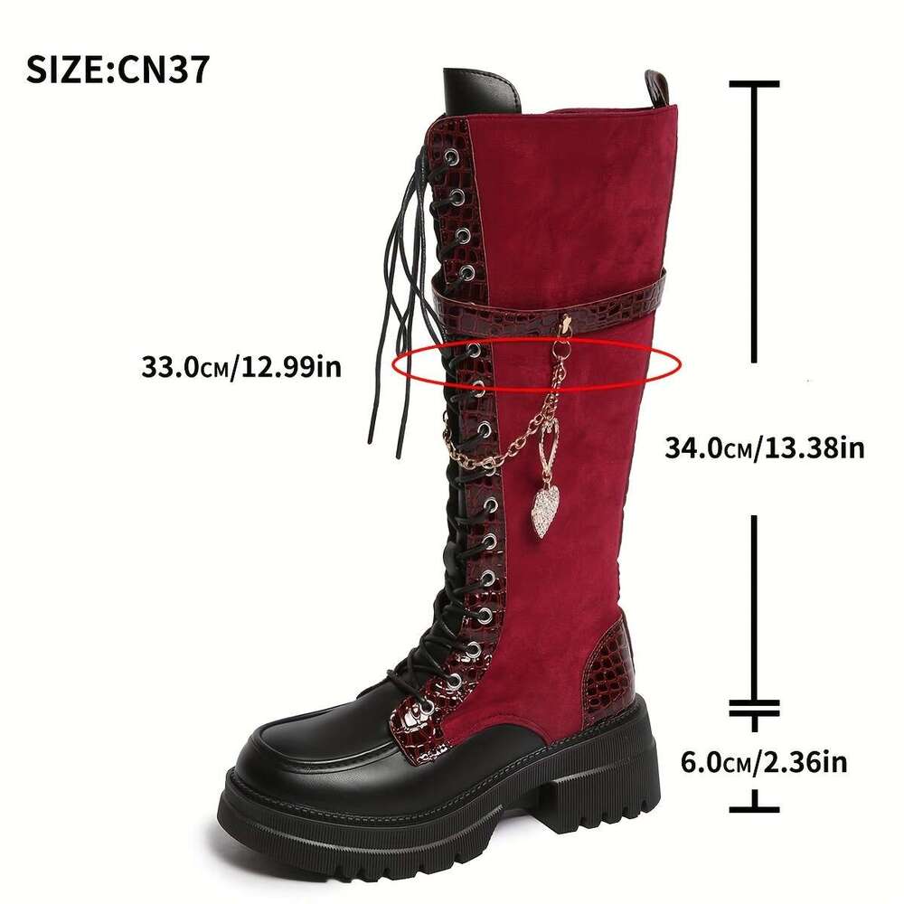 Women's Winter New Solid Color Patchwork Lace-Up Heart Metal Chain Side Zipper Chunky Heel Knee-High Boots, Fashionable Versatile Casual High-Hee