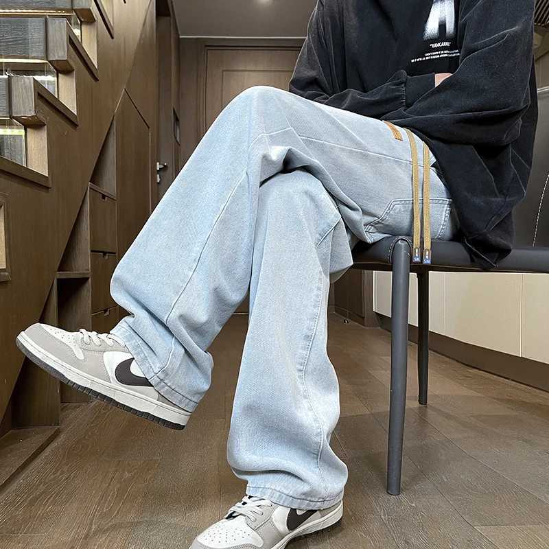 Branded Mens Baggy Jeans Classic Drawstring Loose Casual Straight Pants College Students Daily Versatile Blue Pants J251030