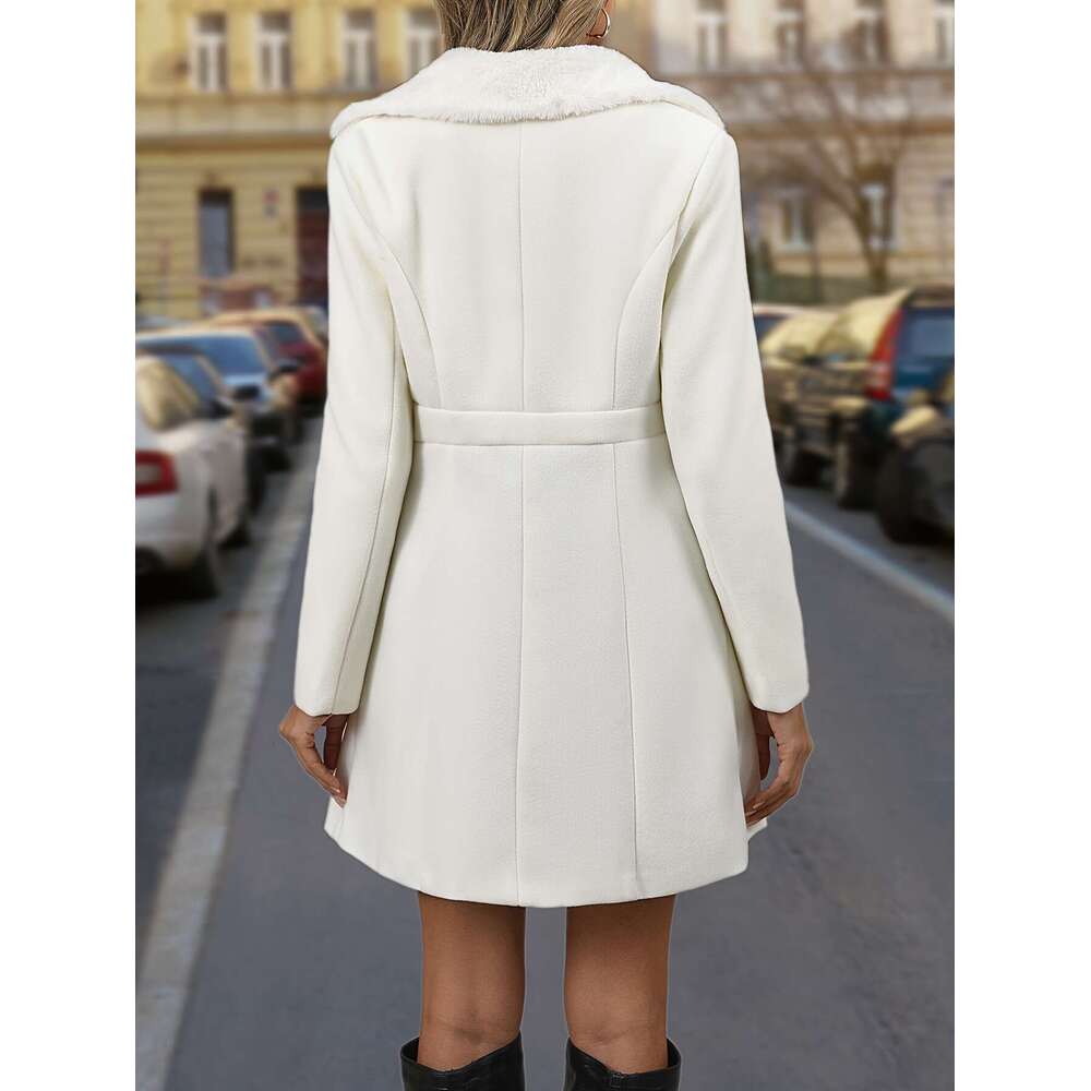 SPECHIR Women S Elegant Polyester Coat Faux Fur Collar Solid Color Double Breasted Winter Overcoat With Button Details Woven Outerwear A