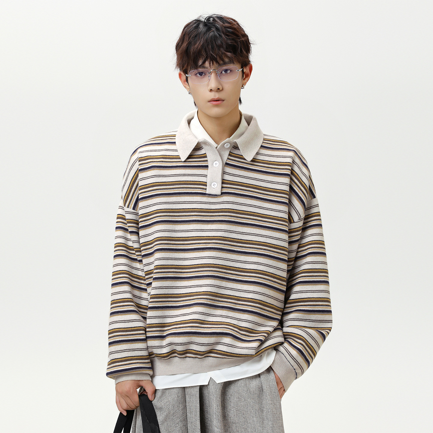 Color Block Striped Collar Sweater Men Autumn Designer Sweater Style Textured Warm Polo Knit Loose Casual Long Sleeve T-shirt