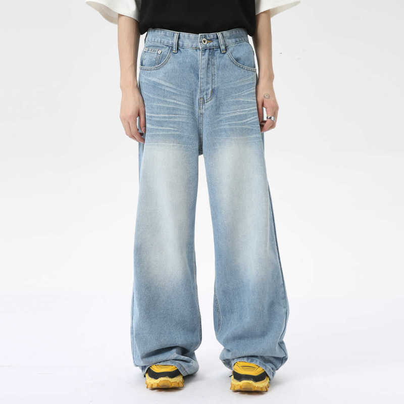 Men's Jeans Man Spring/Summer New American Style Washed Crease Design Vintage Light Blue Jeans