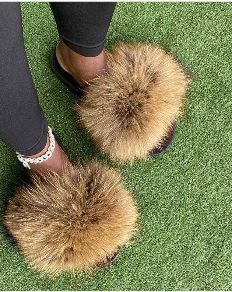 Fluffy Furry Fur Slippers Real Fox Fur Slides For Women Summer PVC Sole Flip Flops Sandals Women Open Toe Shoes Slippers H251030