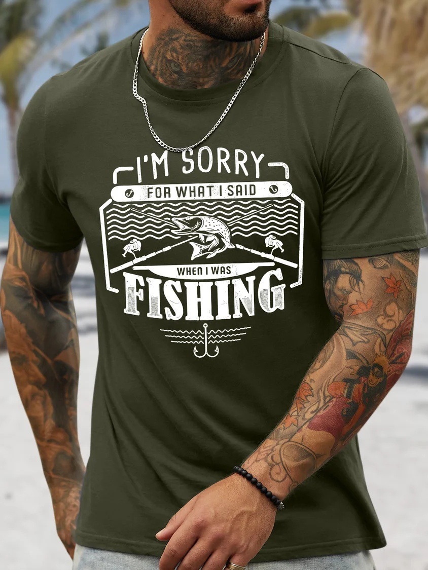 European & American Oversized Men's Fishing-Themed Fun Cotton Casual Crewneck Letter T-Shirt - TT7379
