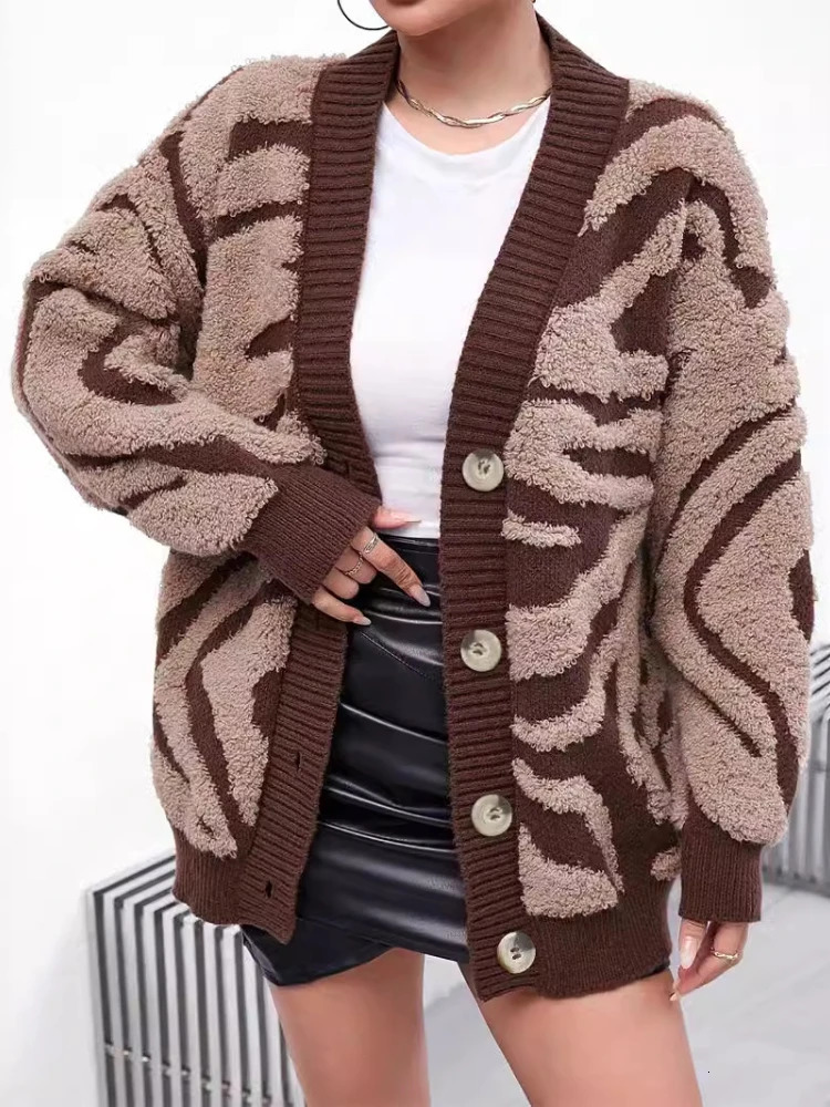 Zebra Stripes Long Sleeved Knitted Cardigan Women Autumn Winter Thick acquard Sweater Contrasting Color Soft Warm Jackets 251028