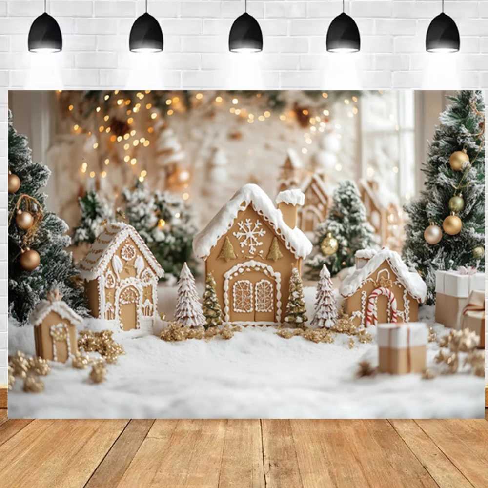 2025 Merry Christmas Photography Backdrop White Gingerbread House Xmas Trees Kids Family New Party Decor Photo Background Props C251030