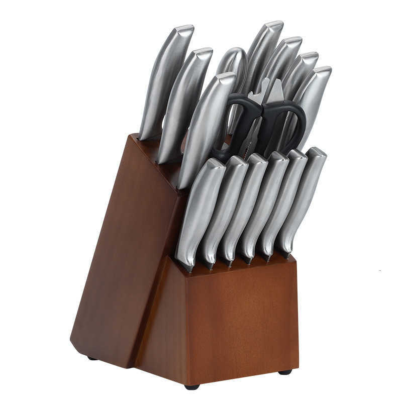 Stainless steel kitchen knife set - 16-piece set for home use, featuring multi-functional cutting knives and a wooden knife holder.X250125