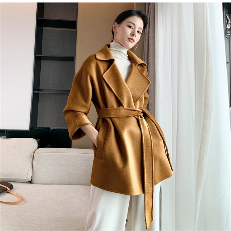 Autumn Short Doublesided Cashmere Water Ripple Coat Women Turndown Collar Loose Tempeament Warm Casual wool Jacket Female 251029